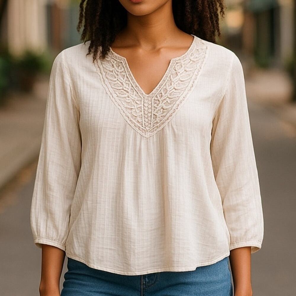 Vintage IZOD Ivory Cream Bohemian Cotton Embroidered Peasant Blouse ~ Top SMALL